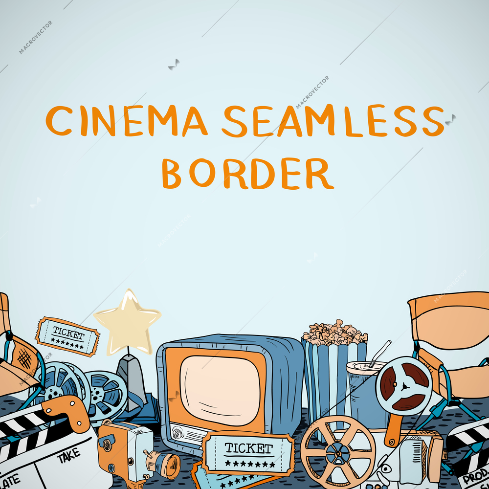 Cinema film entertainment decorative sketch  seamless border ornament vector illustration