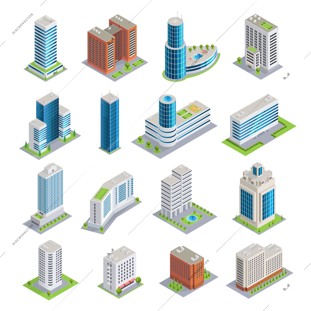 Set of isometric buildings including modern skyscrapers from glass and concrete and multistory houses isolated vector illustration