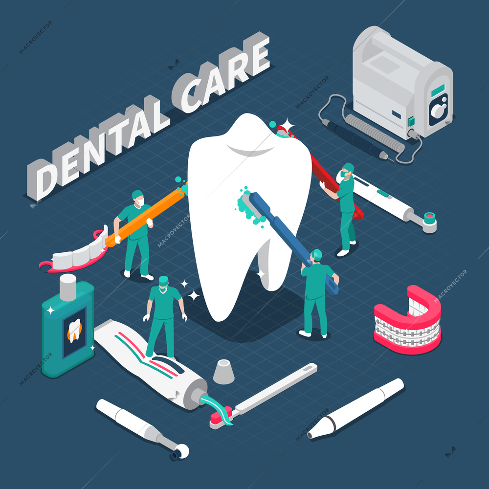 Dental care isometric composition with dentist characters cleaning big healthy tooth by toothbrushes cartoon vector illustration