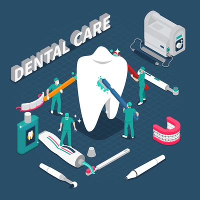 Dental care isometric composition with dentist characters cleaning big healthy tooth by toothbrushes cartoon vector illustration