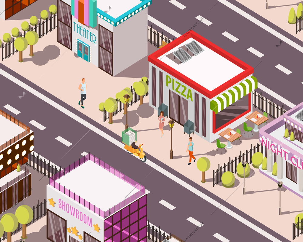Pizzeria in city isometric background with street tables near restaurant, scooter for delivery and people vector illustration