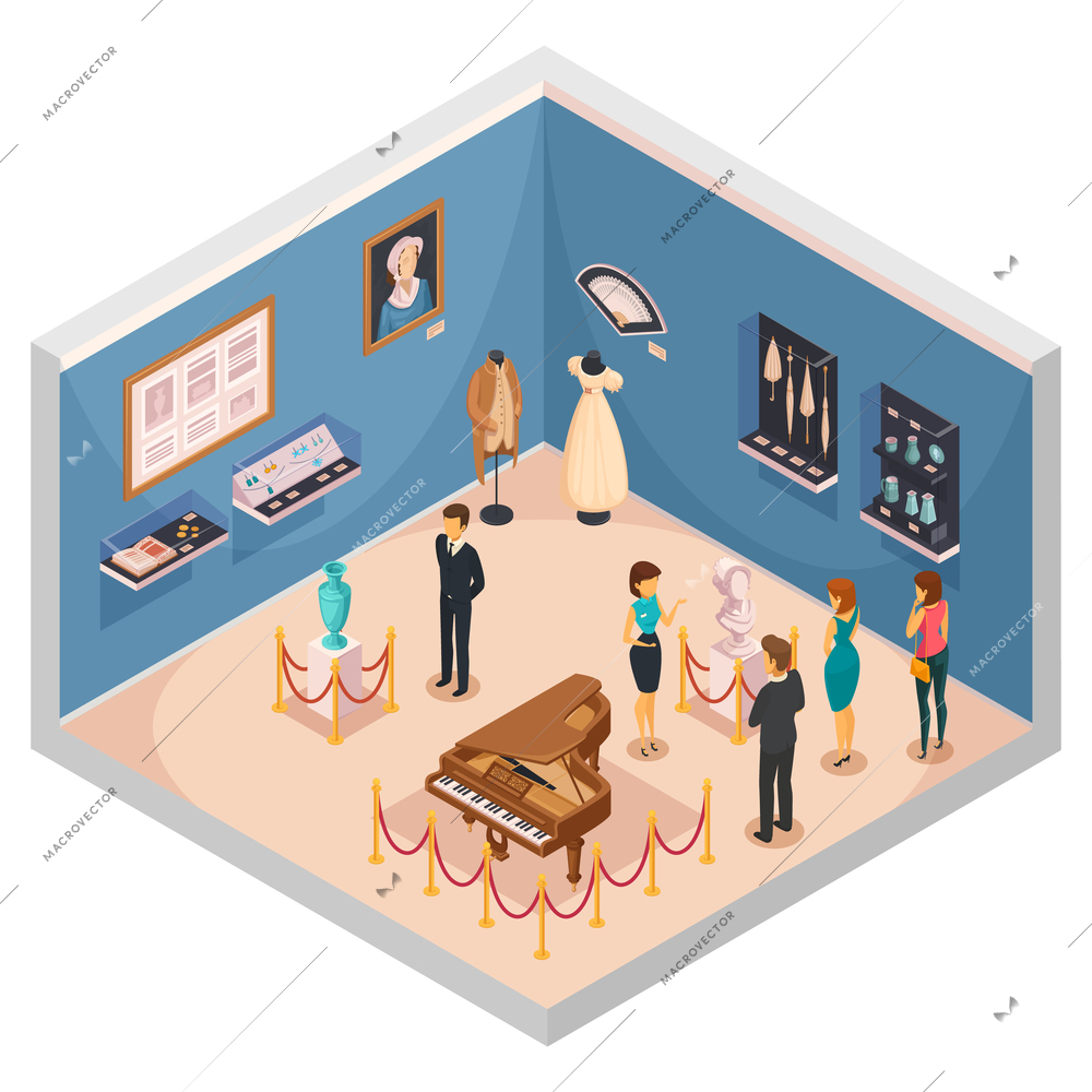 People viewing museum exhibits isometric composition with guide conducting excursion on theme of historical fashion and interior items vector illustration