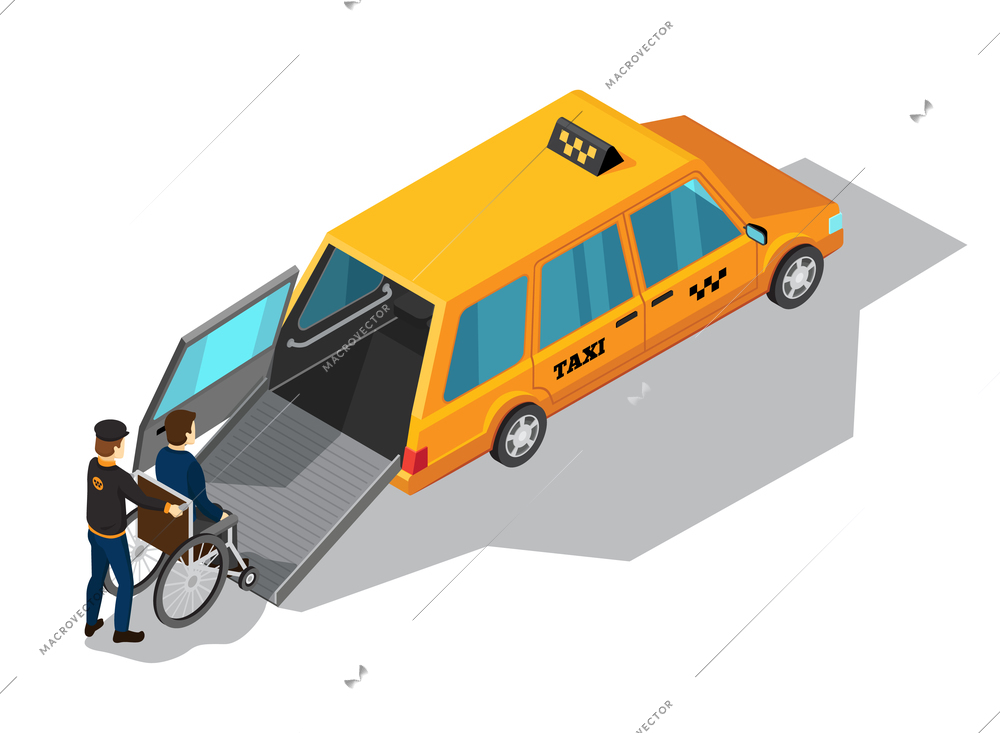 Taxi service isometric design concept with yellow taxi car designed for transportation of persons with disabilities vector illustration