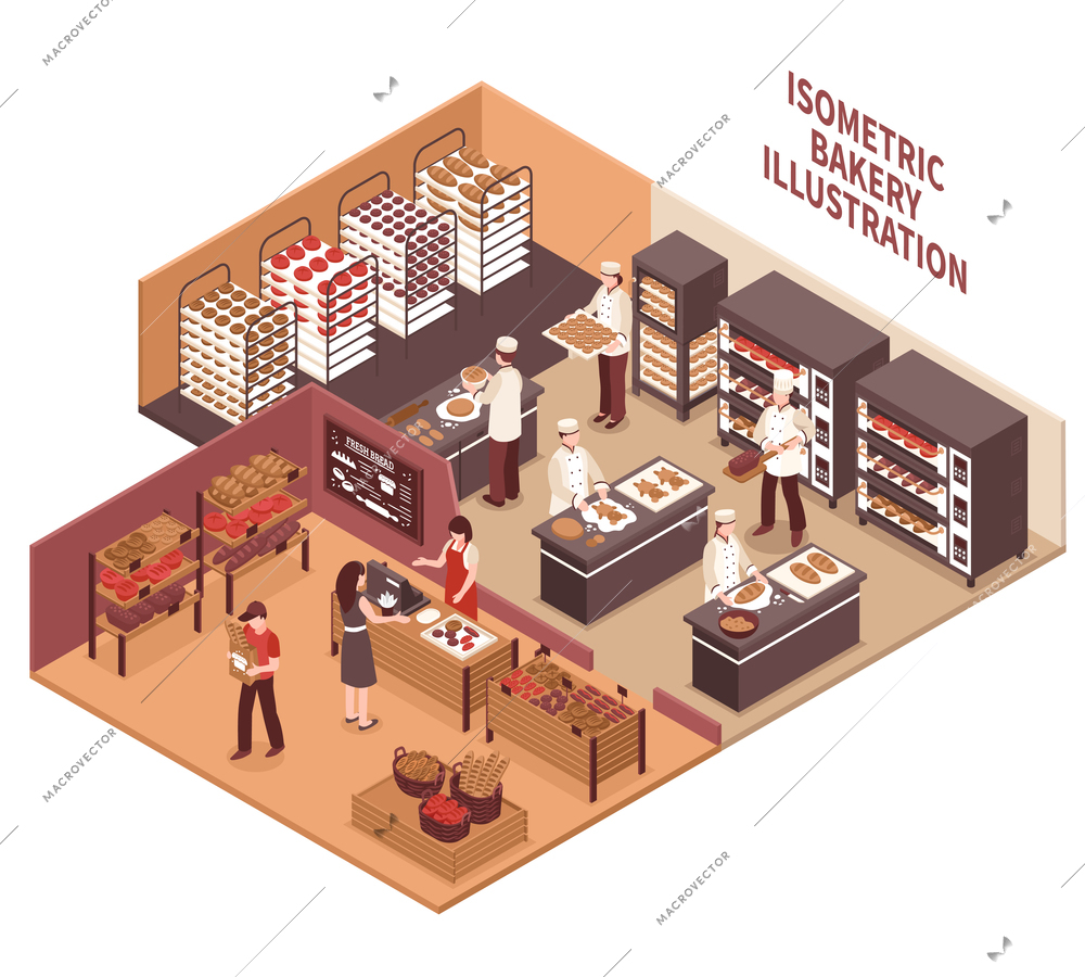 Bakery interior isometric vector illustration with professional ovens shelves with bread goods and trading room