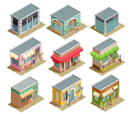 Cafe isometric collection of nine isolated urban coffee houses from classic to modern style with shadows vector illustration