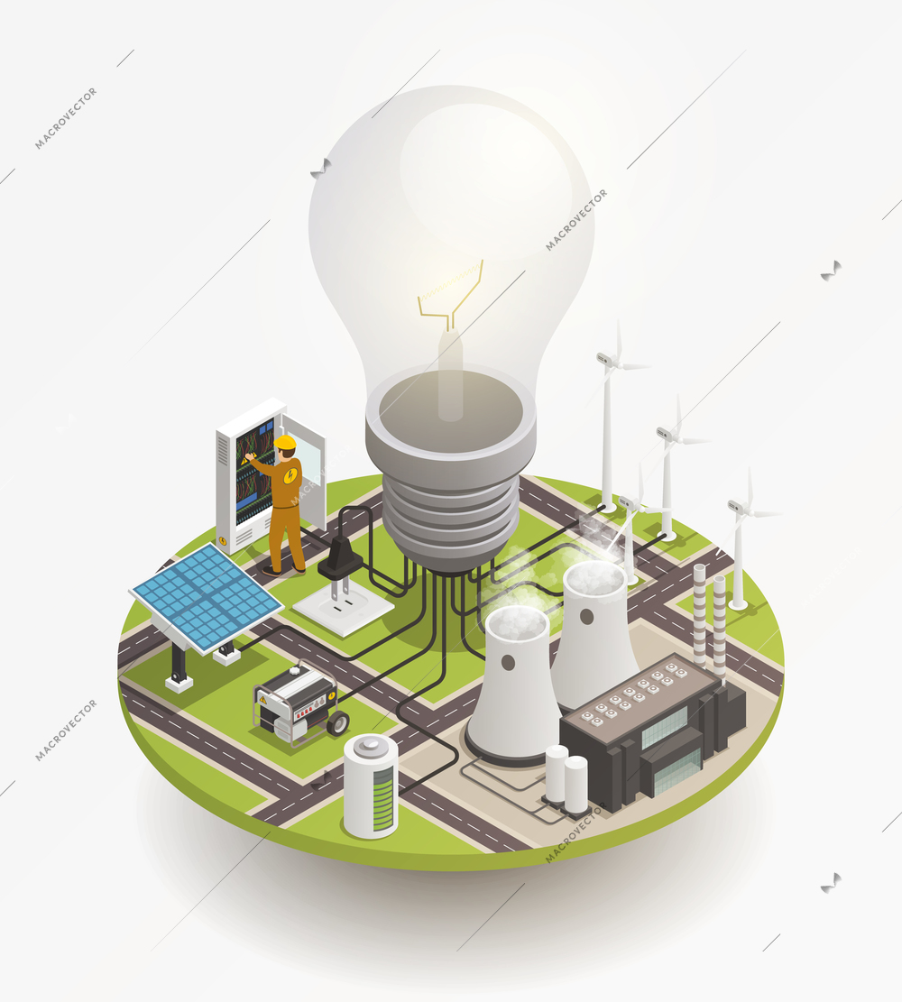 Electric power production and consumption isometric composition with windmill solar cell panels and enormous light bulb vector illustration