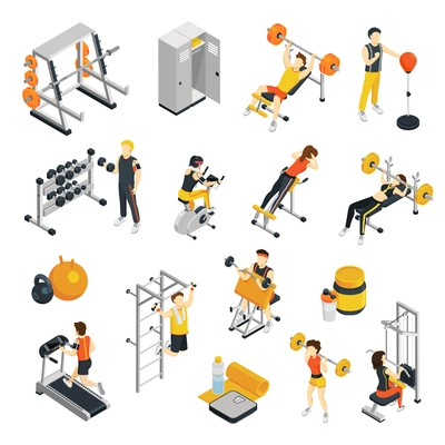 Fitness isometric icons set with people training in gym using sport equipment and gym apparatus isolated vector illustration