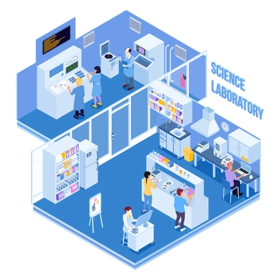 Science laboratory with professional equipment and people carrying physical and chemical research and experiments  isometric vector illustration