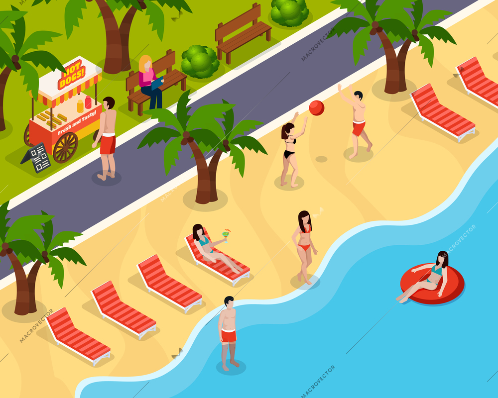 Colored beach rest isometric composition with holidaymakers swim and sunbathe on the beach vector illustration