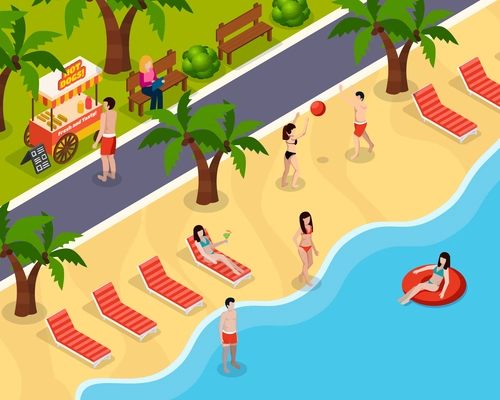 Colored beach rest isometric composition with holidaymakers swim and sunbathe on the beach vector illustration