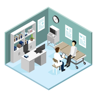 Patient in doctors office with modern diagnostic equipment on reception at cardiologist isometric design concept vector illustration