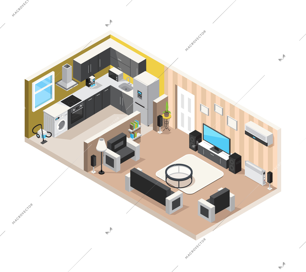 Home interior isometric design concept with kitchen living room and household appliances for comfortable stay and rest vector illustration