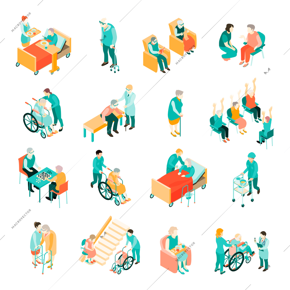 Isometric set of elderly people in different situations and medical staff in nursing home isolated vector illustration