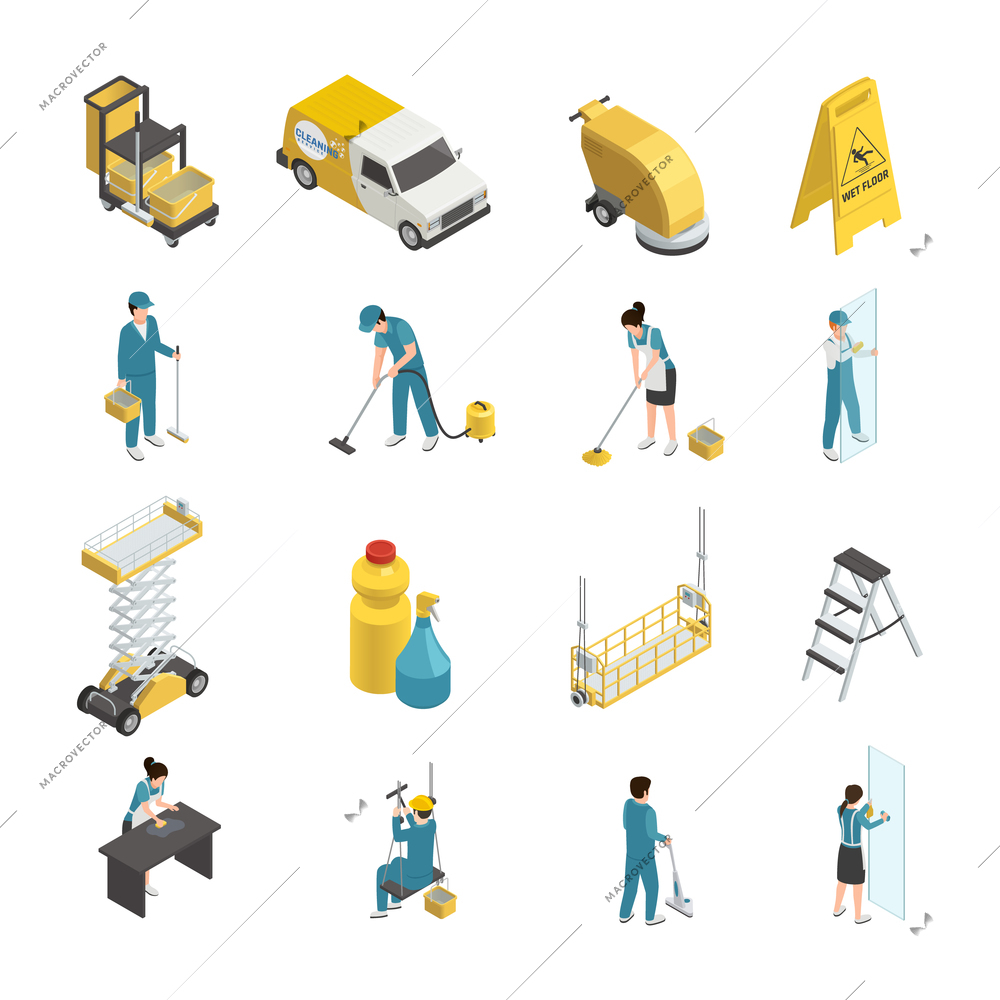 Professional cleaning isometric icons with staff in uniform, detergents and machine equipment including transport  isolated vector illustration