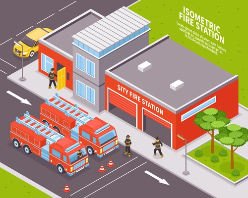 Isometric fire department station with two engines 3d vector illustration