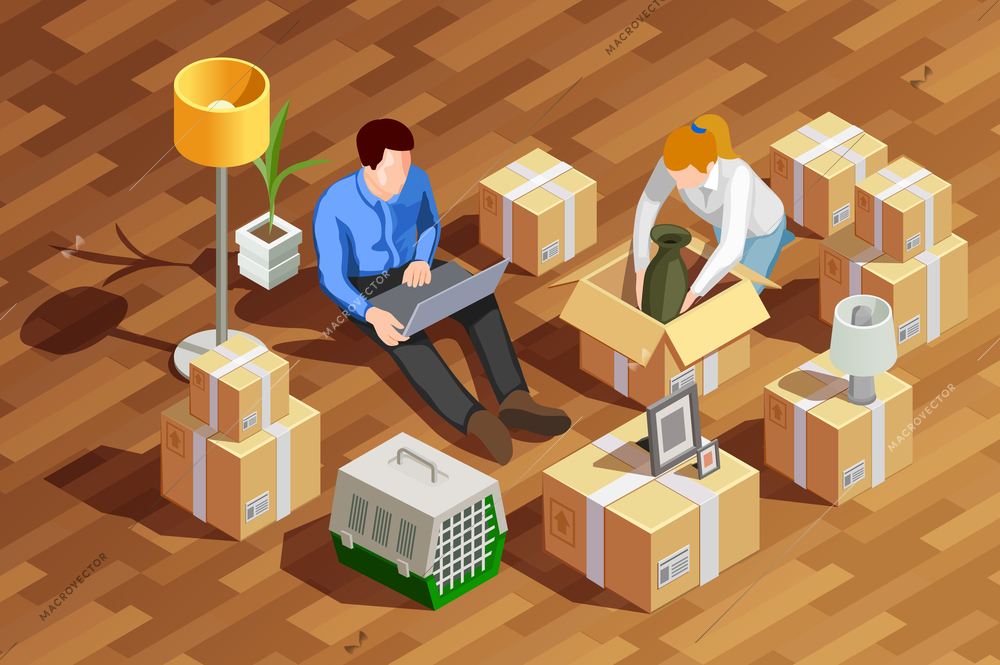 Moving people isometric composition with married couple human characters unpacking cardboard boxes in the new apartment vector illustration