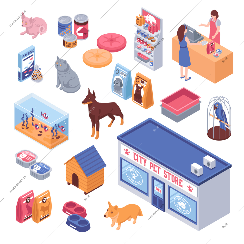 Isometric pet shop set with cute animals and goods for them isolated on white background 3d vector illustration