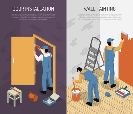 Isometric vertical renovation banners set with men installing door and painting walls 3d isolated vector illustration