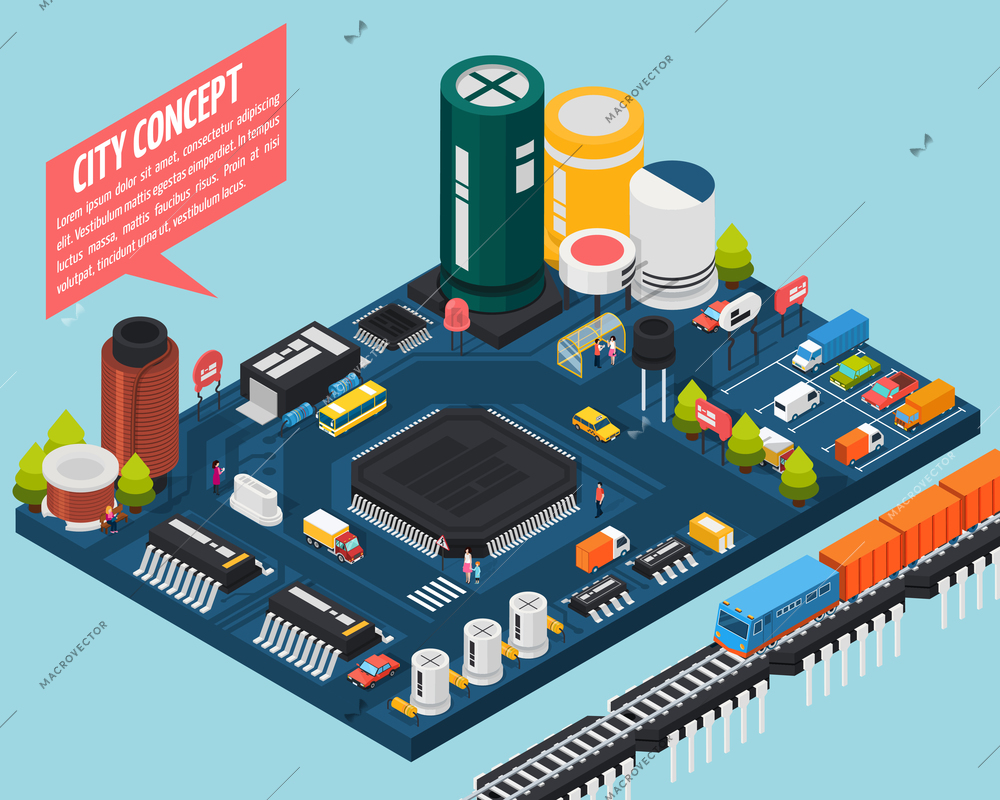 Colored technology semiconductor electronic components isometric city concept with city concept description vector illustration