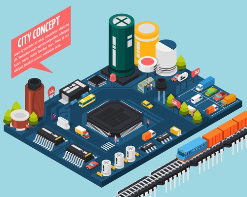 Colored technology semiconductor electronic components isometric city concept with city concept description vector illustration