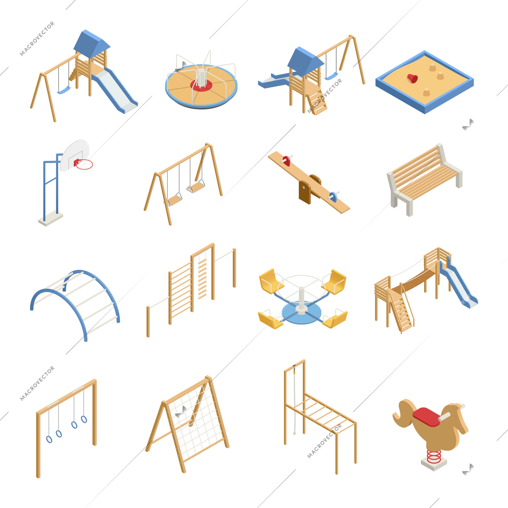 Children playground set of isometric icons with swings, slides, basketball hoop, sandbox, climbing frames isolated vector illustration