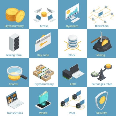 Isometric icons with equipment for cryptocurrency mining, blockchain and security, exchange rates, key code isolated vector illustration