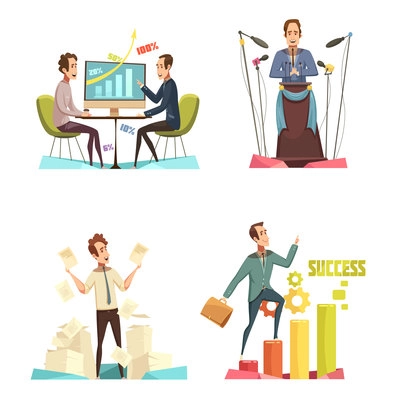Meeting concept icons set with success symbols cartoon isolated vector illustration