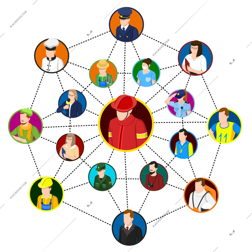 Network for professional conceptual composition with social networking graph and circle avatars connected by dashed lines vector illustration