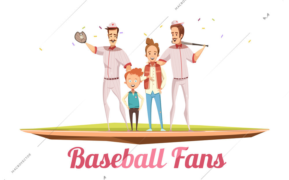 Baseball fans male design concept with two adults men and two boys on baseball field with sport equipment flat cartoon vector illustration