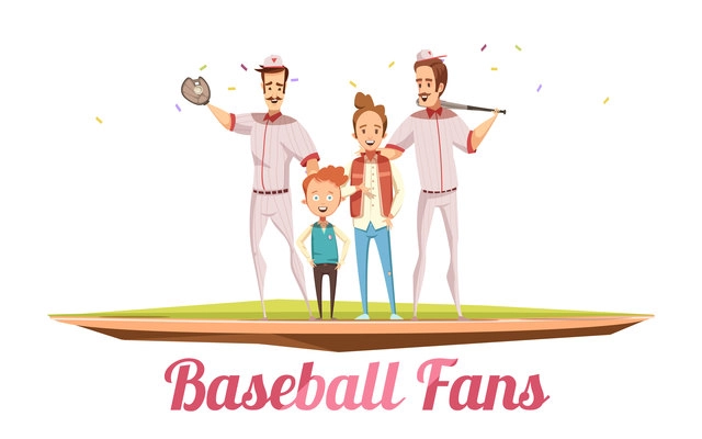 Baseball fans male design concept with two adults men and two boys on baseball field with sport equipment flat cartoon vector illustration