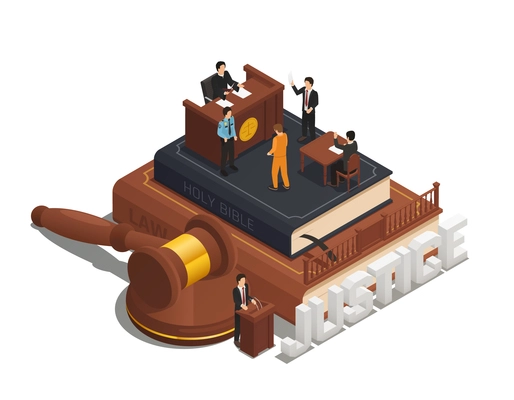 Law justice isometric composition with criminal trial in courtroom on bible with witness judge and policeman vector illustration