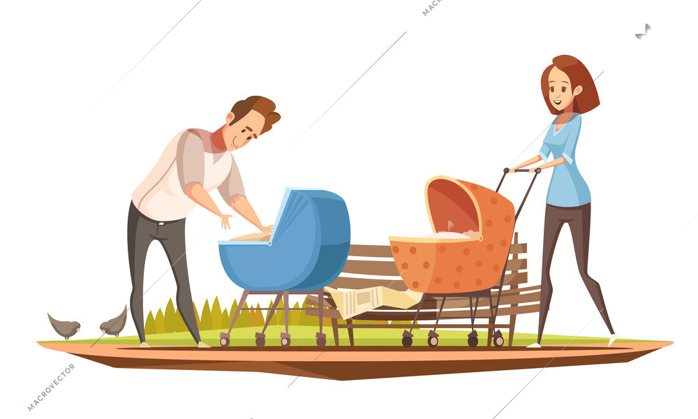 Parenthood duties retro cartoon poster with mother and father with 2 babies in prams outdoor vector illustration