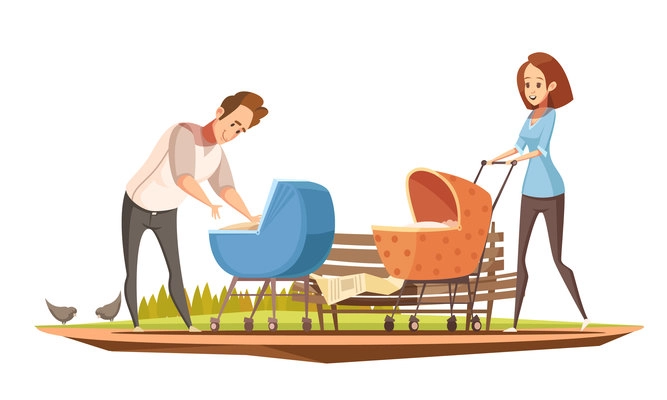 Parenthood duties retro cartoon poster with mother and father with 2 babies in prams outdoor vector illustration