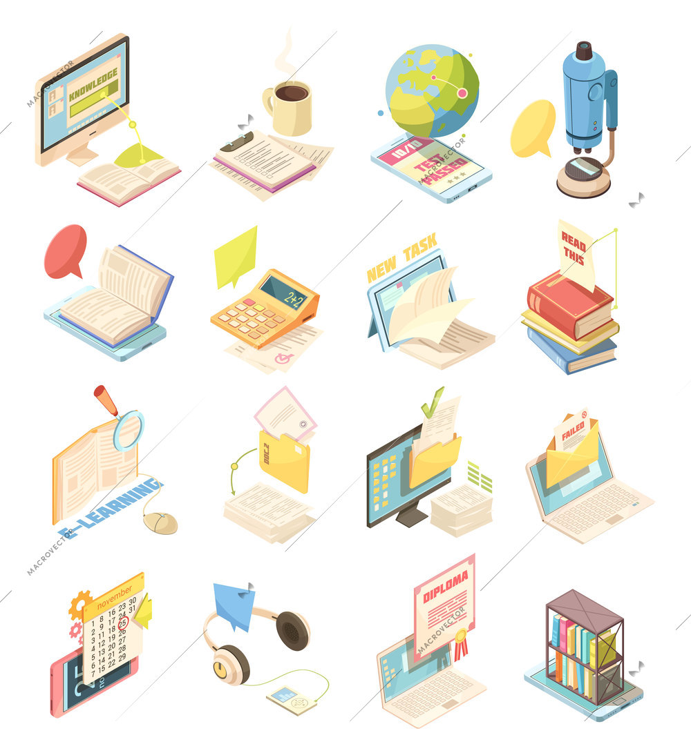 E-learning set of isometric icons with laptop, tutorials, diploma, test, audio books, calculator isolated vector illustration