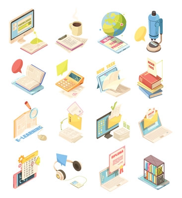 E-learning set of isometric icons with laptop, tutorials, diploma, test, audio books, calculator isolated vector illustration