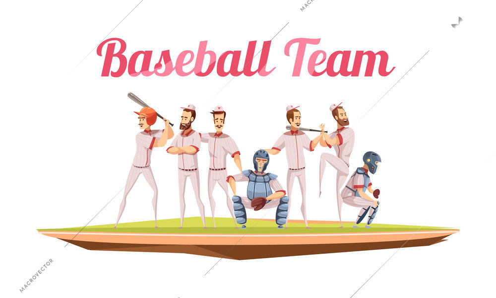 Baseball team retro composition with athletes in uniform and helmets holding baseball bats flat cartoon vector illustration