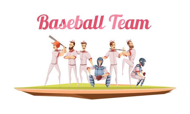 Baseball team retro composition with athletes in uniform and helmets holding baseball bats flat cartoon vector illustration