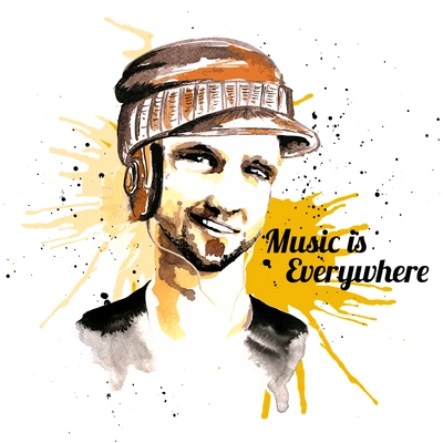 Smiling unshaved male hipster character in visor hat and headphones ink drawn music poster vector illustration