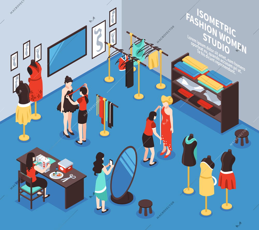 Atelier studio and fashion background with women and clothes isometric vector illustration