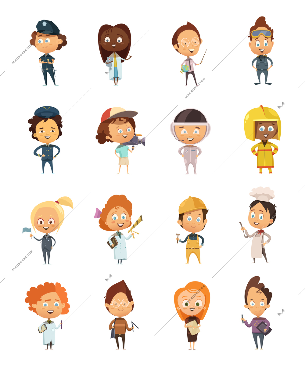 People professions cute cartoon icons set for kids with policeman astronaut doctor cameraman artist chef flat isolated vector illustration