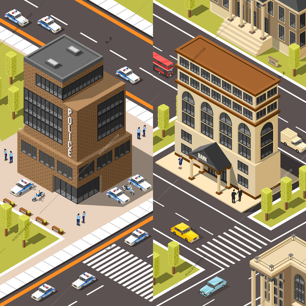 Set of two government building isometric vertical banners with police and bank offices with urban scenery vector illustration