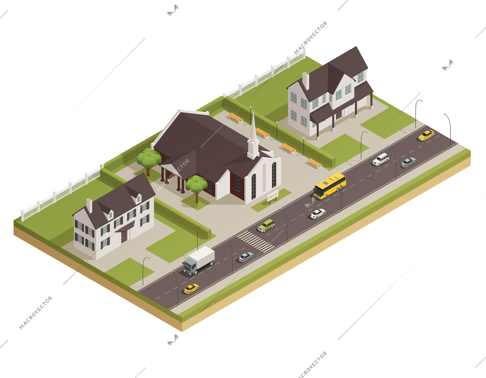 Modern contemporary catholic church white stone building with parking lot and neighboring houses isometric composition vector illustration