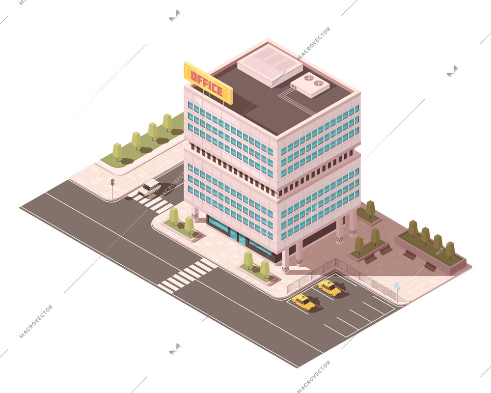 Office building with ventilation equipment on roof road infrastructure and parking for taxi isometric mockup vector illustration