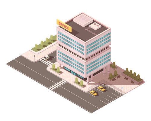 Office building with ventilation equipment on roof road infrastructure and parking for taxi isometric mockup vector illustration