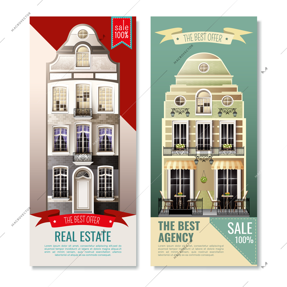 Vertical banners with old european facade houses as advertising of real estate agency isolated vector illustration