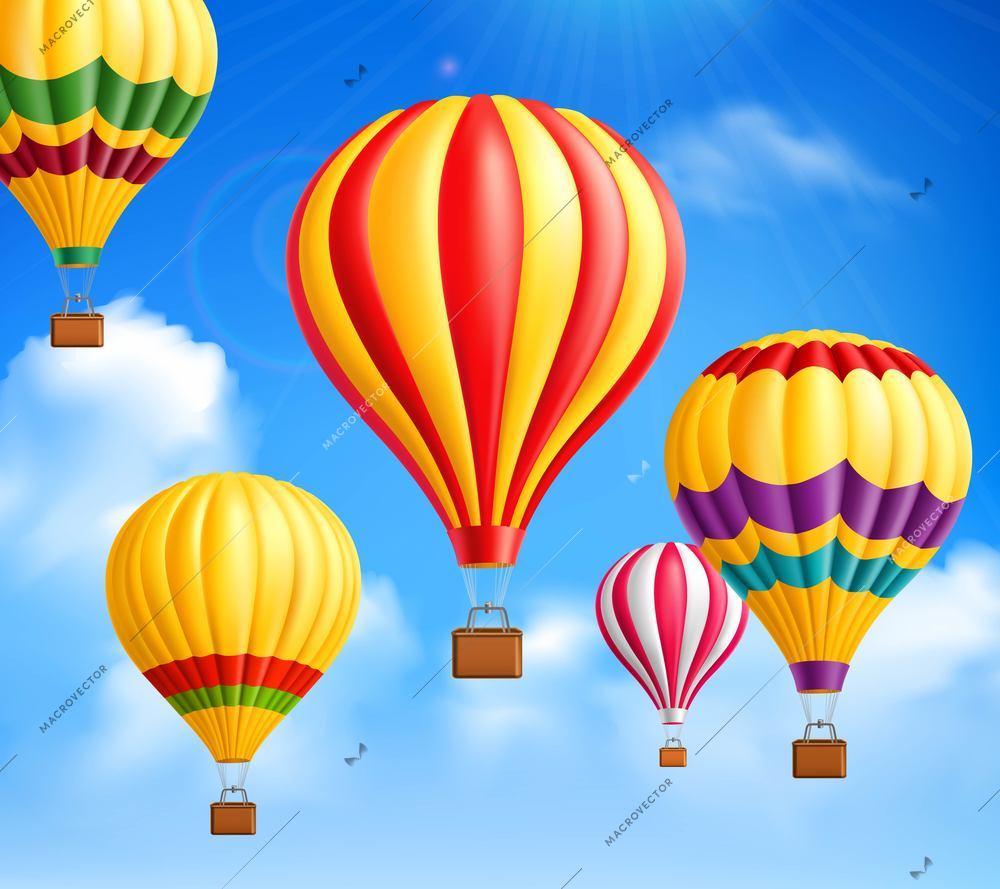 Colored hot air realistic balloons background against the sky with white clouds vector illustration