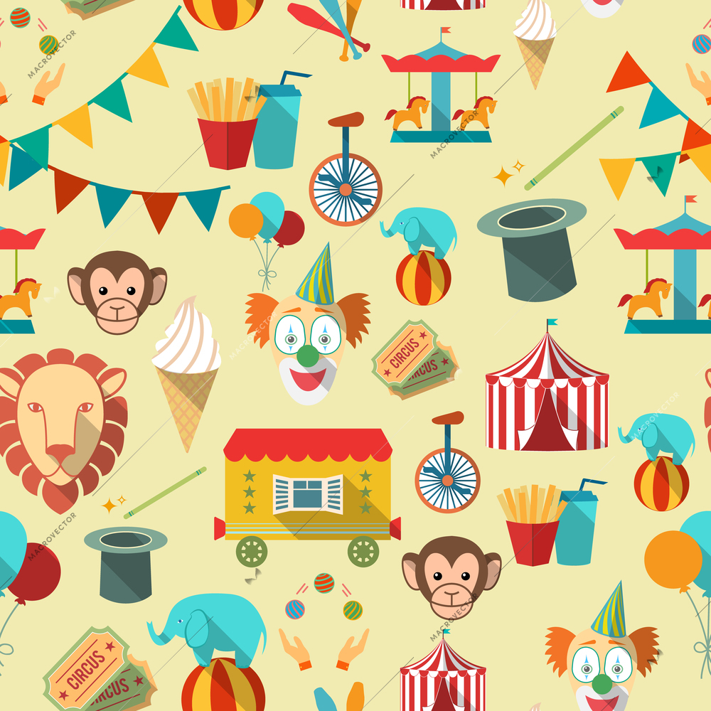 Decorative vintage travelling circus chapiteau tent with clown magical wand seamless tileable wrap paper pattern vector illustration