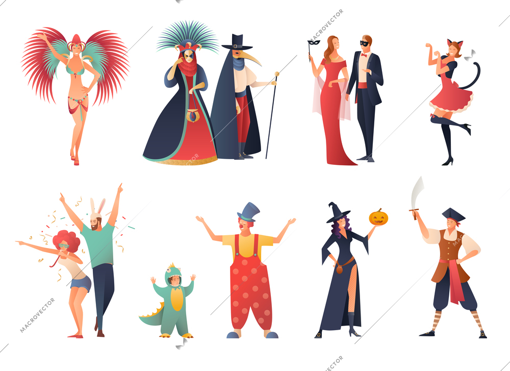 Carnival party icons set with people wearing costumes flat isolated vector illustration