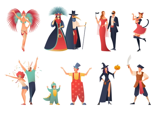 Carnival party icons set with people wearing costumes flat isolated vector illustration