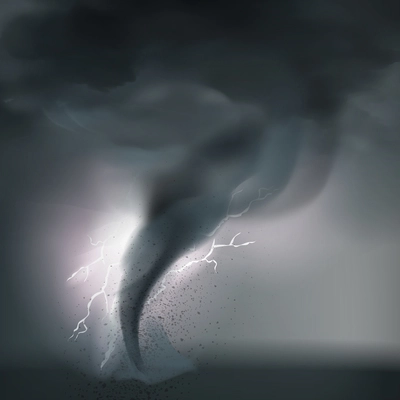 Tornado composition with bad rough weather fulmination realistic grogs thunder firestorm and bolt of lighting vector illustration